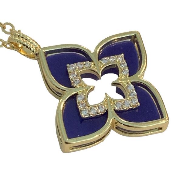 Faux Blue Lapus Lazuli Art Deco Style Pendant Necklace Blue Enamel Women’s NEW - Picture 1 of 9